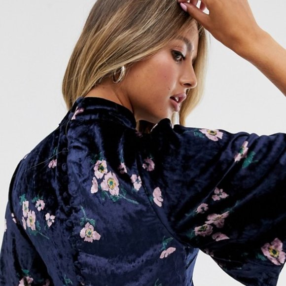 Free People BeMyBaby Navy Velvet Floral Mini Dress - Picture 2 of 5